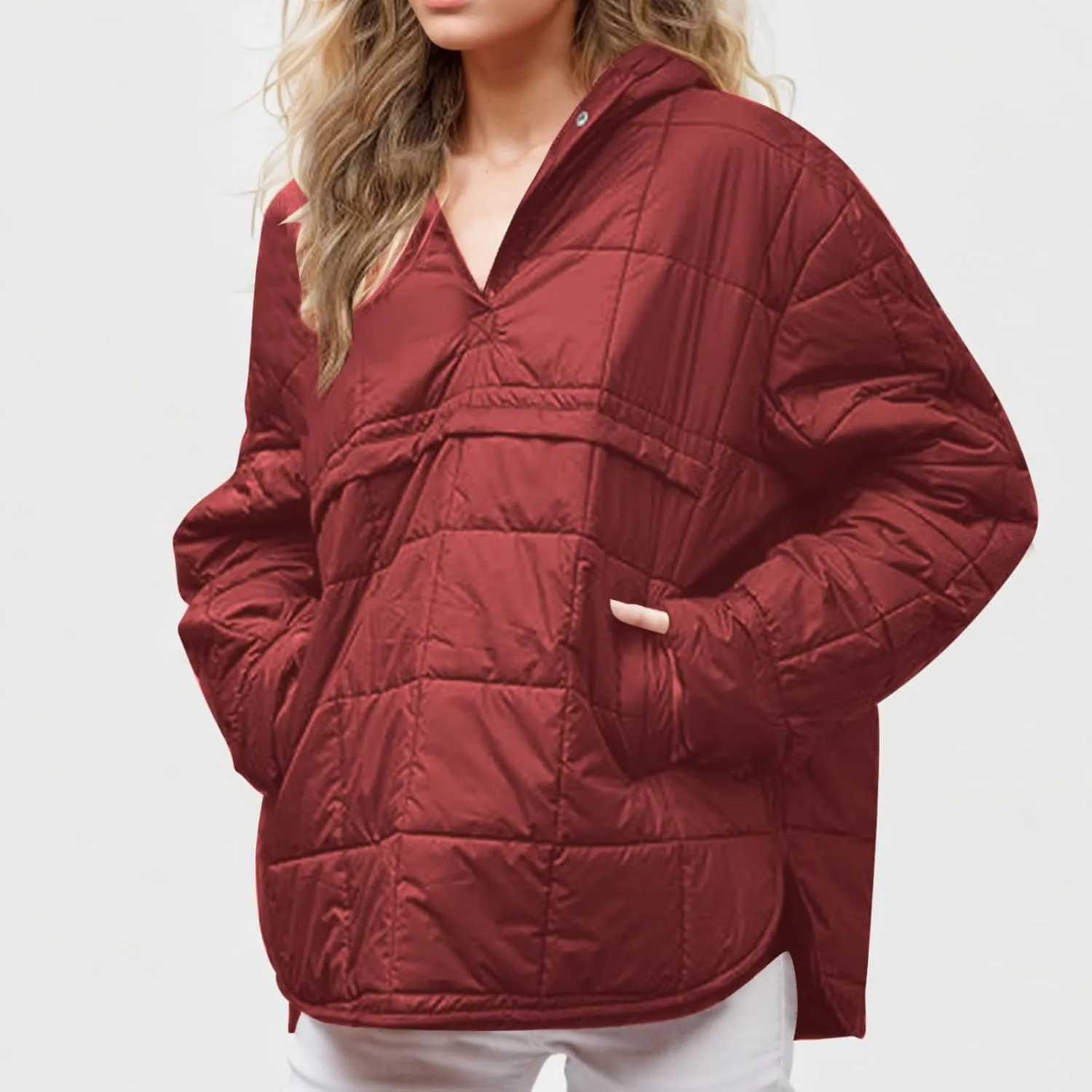 Womens Quilted Pullover Puffer Jacket Lightweight Hooded Long Sleeve down Coats Loose Casual 2024 Fall Winter Outwear