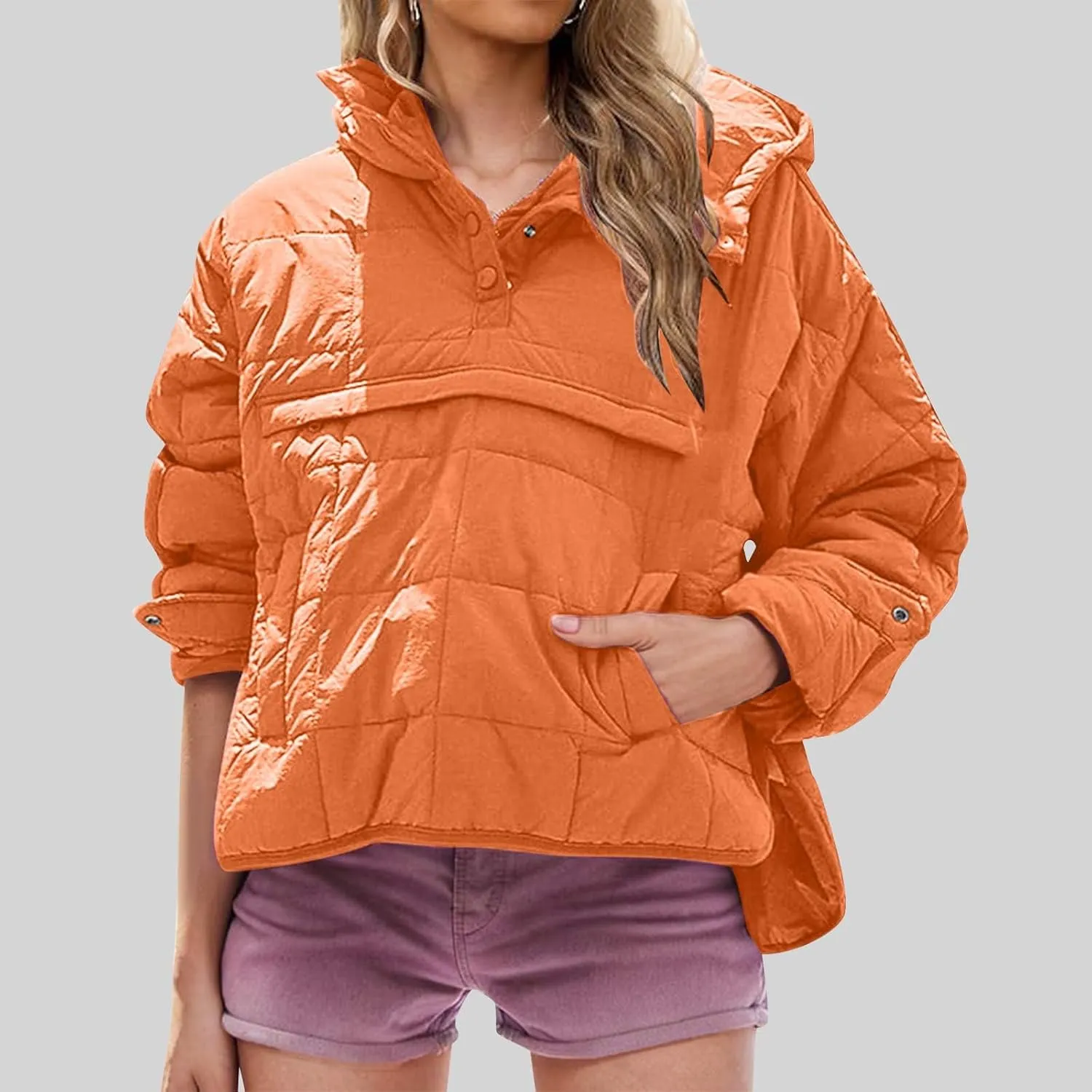 Womens Quilted Pullover Puffer Jacket Lightweight Hooded Long Sleeve down Coats Loose Casual 2024 Fall Winter Outwear