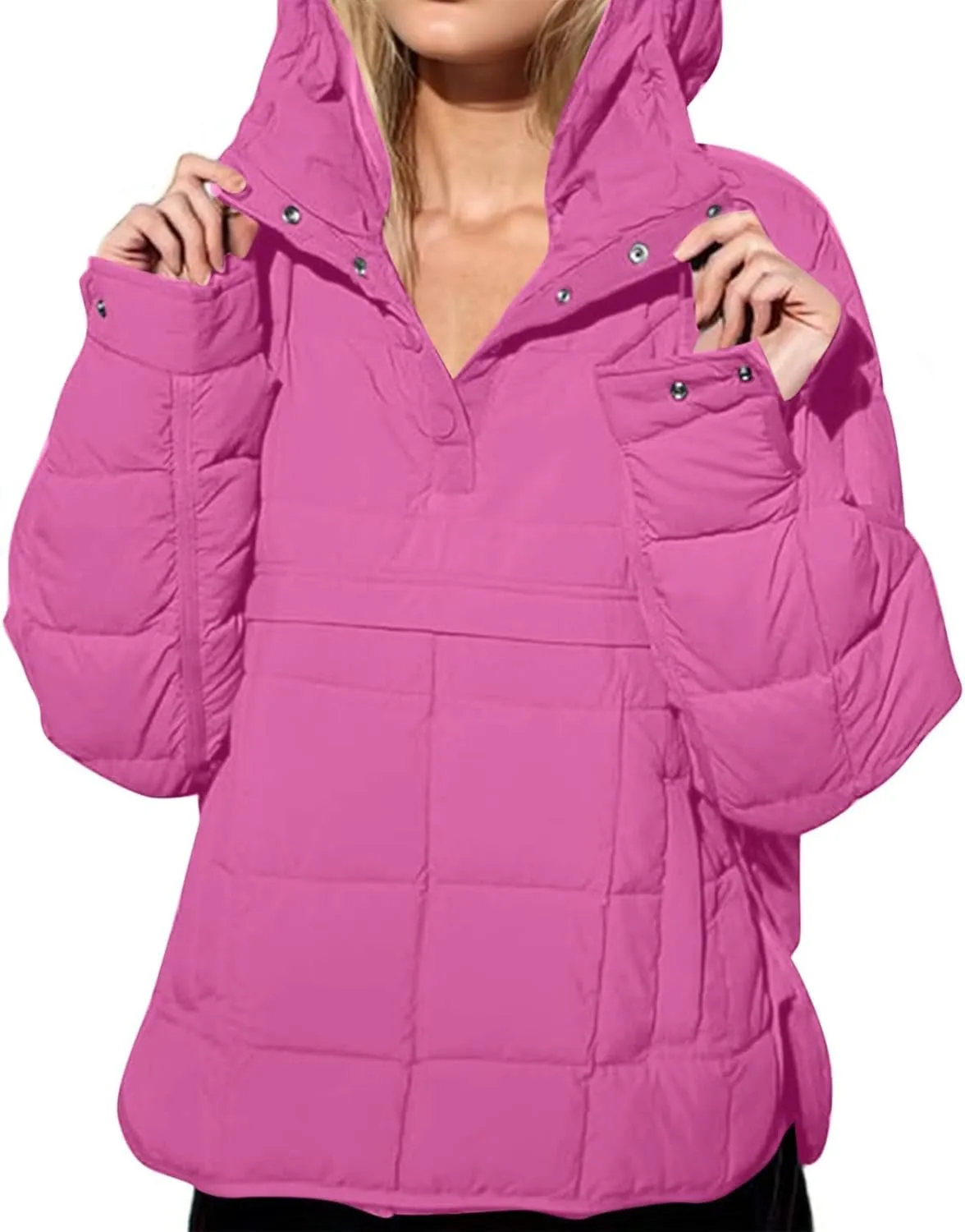 Womens Quilted Pullover Puffer Jacket Lightweight Hooded Long Sleeve down Coats Loose Casual 2024 Fall Winter Outwear
