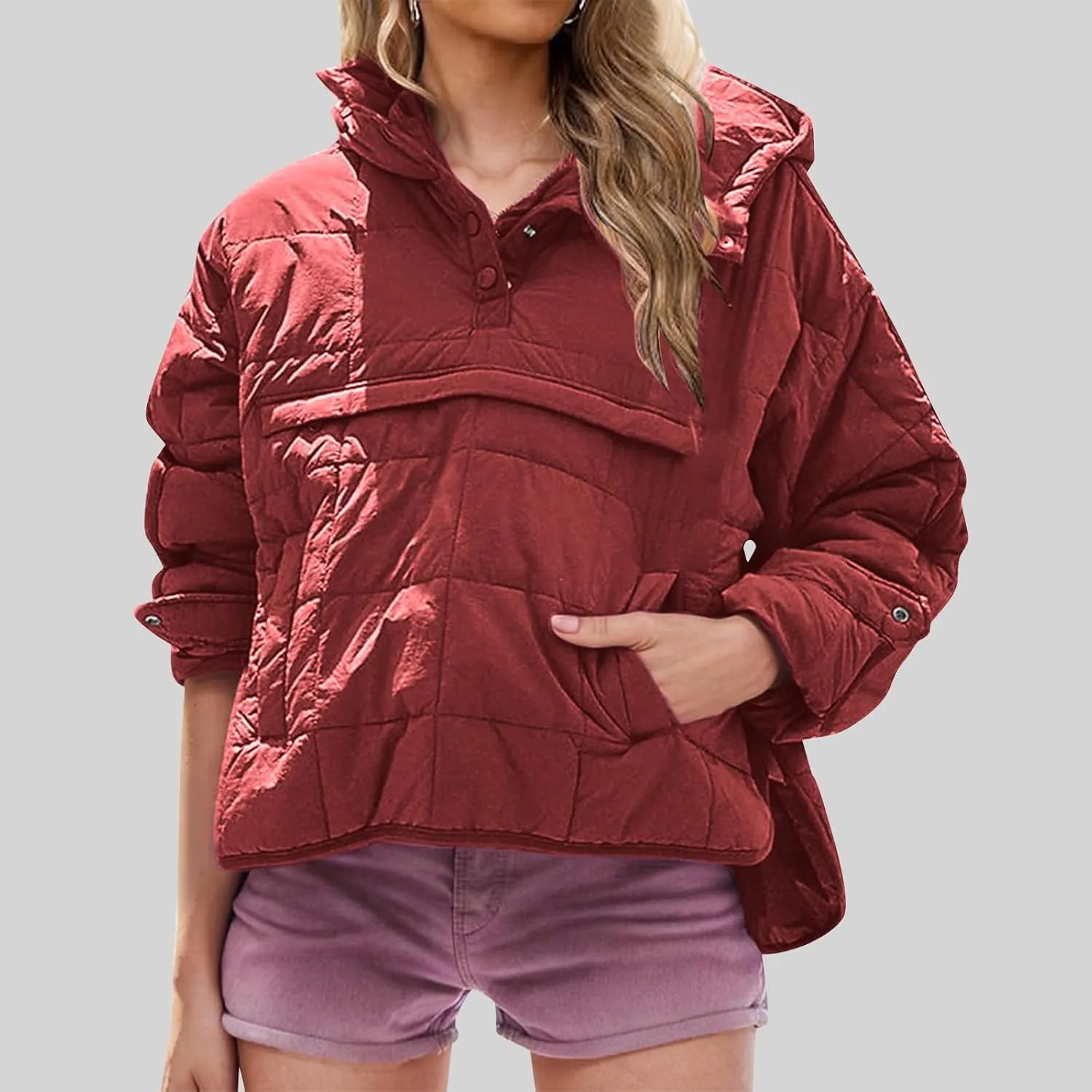Womens Quilted Pullover Puffer Jacket Lightweight Hooded Long Sleeve down Coats Loose Casual 2024 Fall Winter Outwear