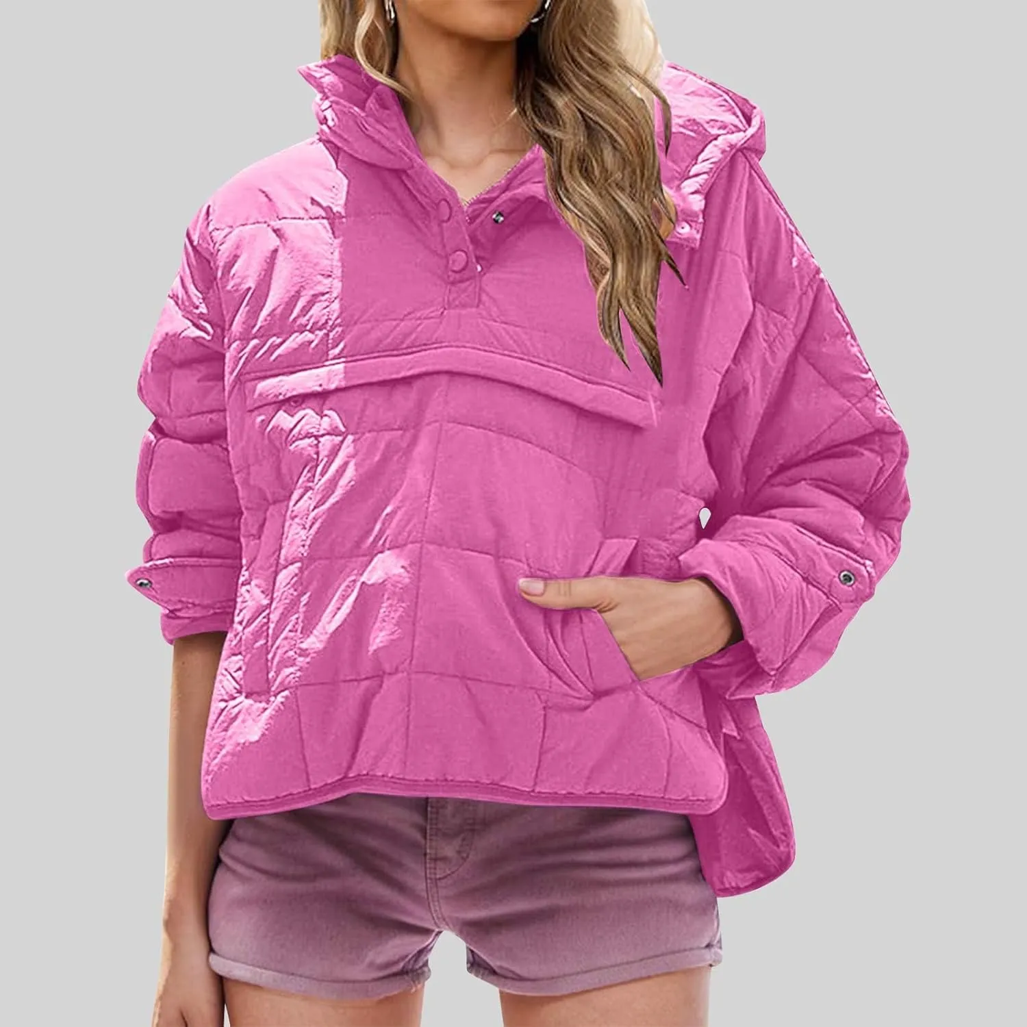 Womens Quilted Pullover Puffer Jacket Lightweight Hooded Long Sleeve down Coats Loose Casual 2024 Fall Winter Outwear
