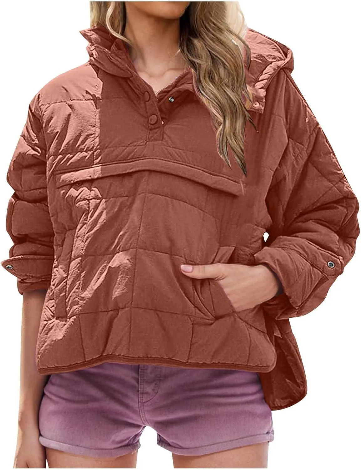 Womens Quilted Pullover Puffer Jacket Lightweight Hooded Long Sleeve down Coats Loose Casual 2024 Fall Winter Outwear