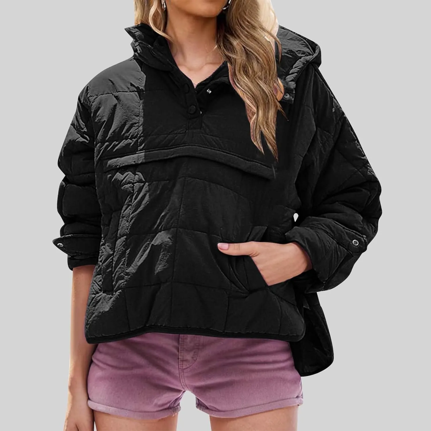 Womens Quilted Pullover Puffer Jacket Lightweight Hooded Long Sleeve down Coats Loose Casual 2024 Fall Winter Outwear