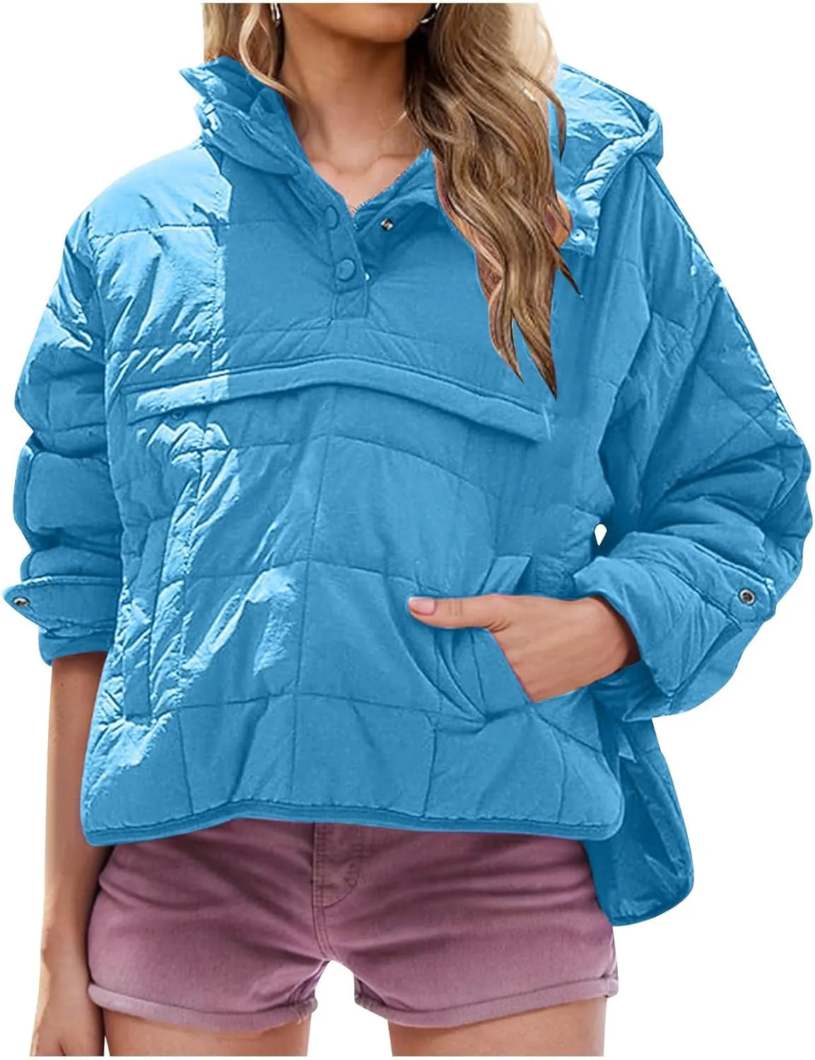 Womens Quilted Pullover Puffer Jacket Lightweight Hooded Long Sleeve down Coats Loose Casual 2024 Fall Winter Outwear