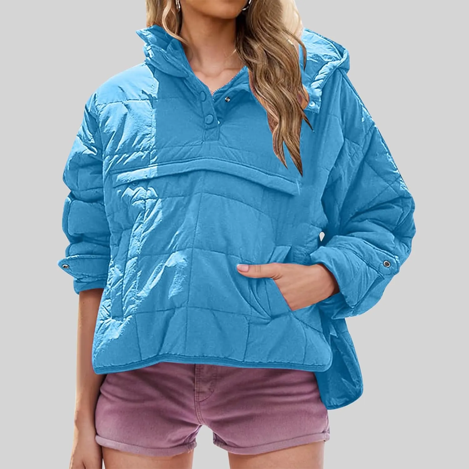 Womens Quilted Pullover Puffer Jacket Lightweight Hooded Long Sleeve down Coats Loose Casual 2024 Fall Winter Outwear