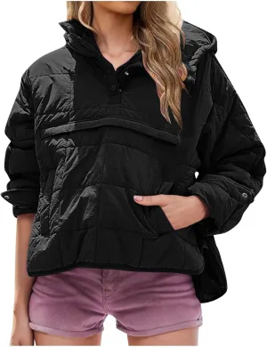 Womens Quilted Pullover Puffer Jacket Lightweight Hooded Long Sleeve down Coats Loose Casual 2024 Fall Winter Outwear
