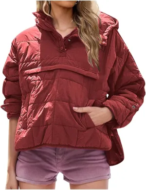 Womens Quilted Pullover Puffer Jacket Lightweight Hooded Long Sleeve down Coats Loose Casual 2024 Fall Winter Outwear