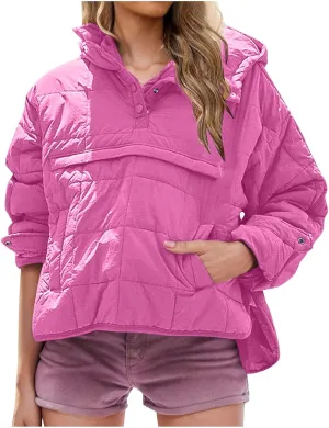 Womens Quilted Pullover Puffer Jacket Lightweight Hooded Long Sleeve down Coats Loose Casual 2024 Fall Winter Outwear