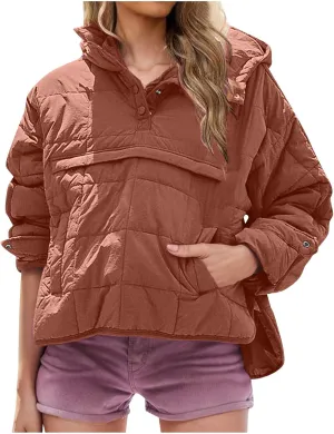 Womens Quilted Pullover Puffer Jacket Lightweight Hooded Long Sleeve down Coats Loose Casual 2024 Fall Winter Outwear