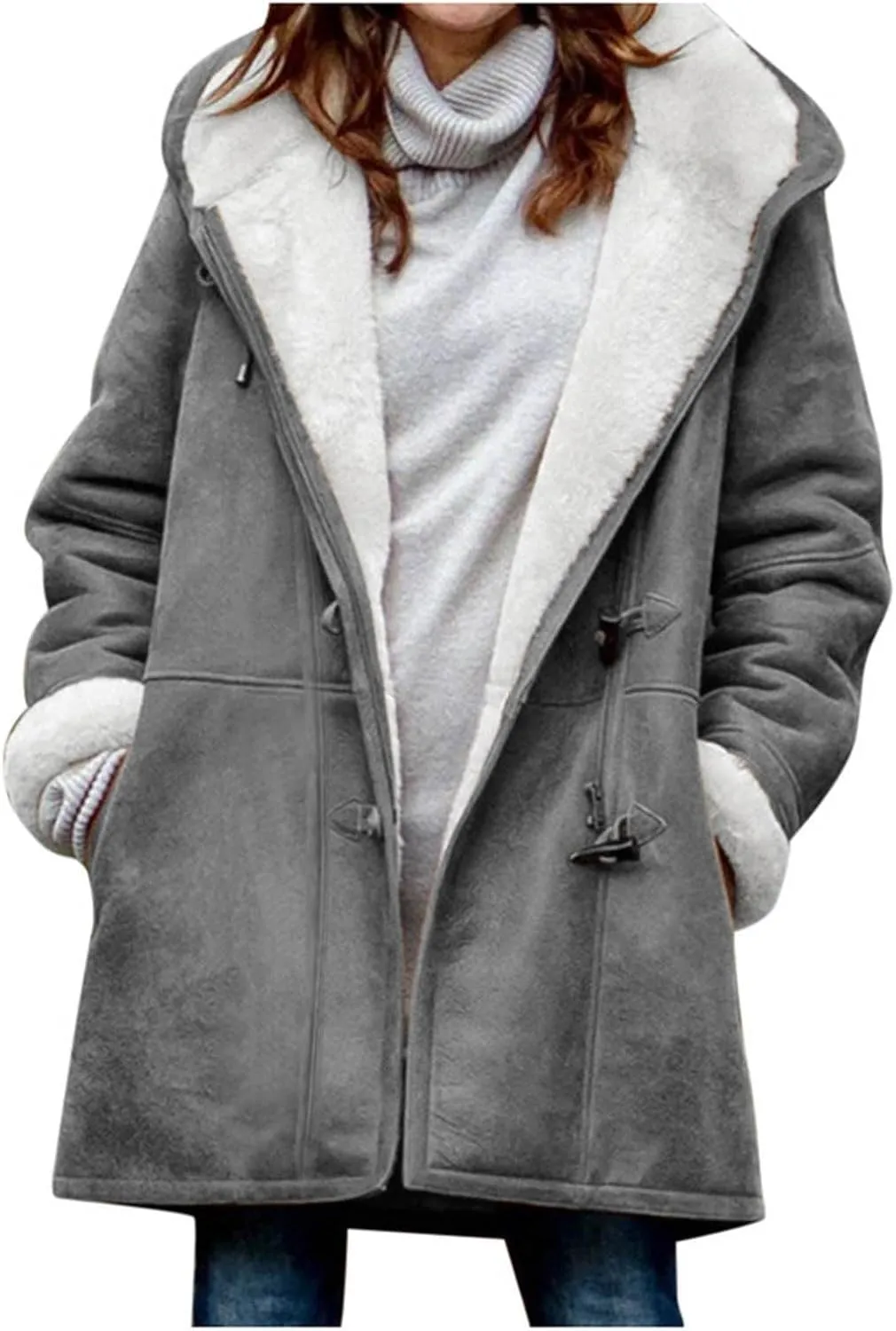 Womens Sherpa Lined Jackets Fashion Winter Fuzzy Fleece Hoodie Sweatshirt Casual Soft Cozy Horn Button Down Coats