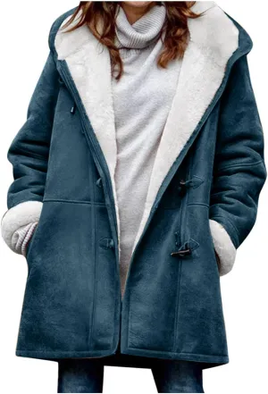 Womens Sherpa Lined Jackets Fashion Winter Fuzzy Fleece Hoodie Sweatshirt Casual Soft Cozy Horn Button Down Coats