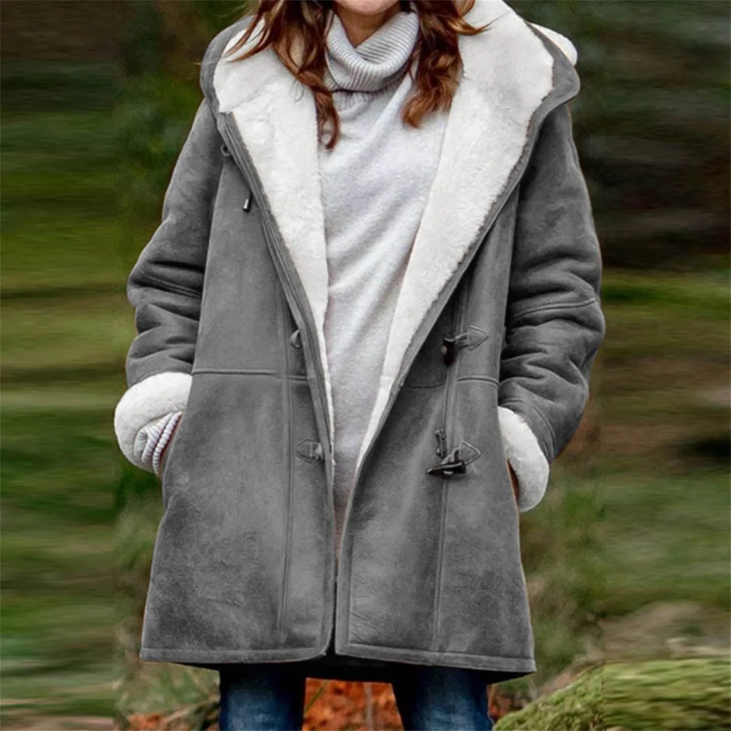 Womens Sherpa Lined Jackets Fashion Winter Fuzzy Fleece Hoodie Sweatshirt Casual Soft Cozy Horn Button Down Coats