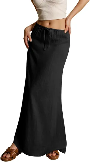Womens Skirts Summer Linen Maxi Skirt with Slit Plus Size Long Flowy Skirts Beach Comfy Drawstring Low Rise