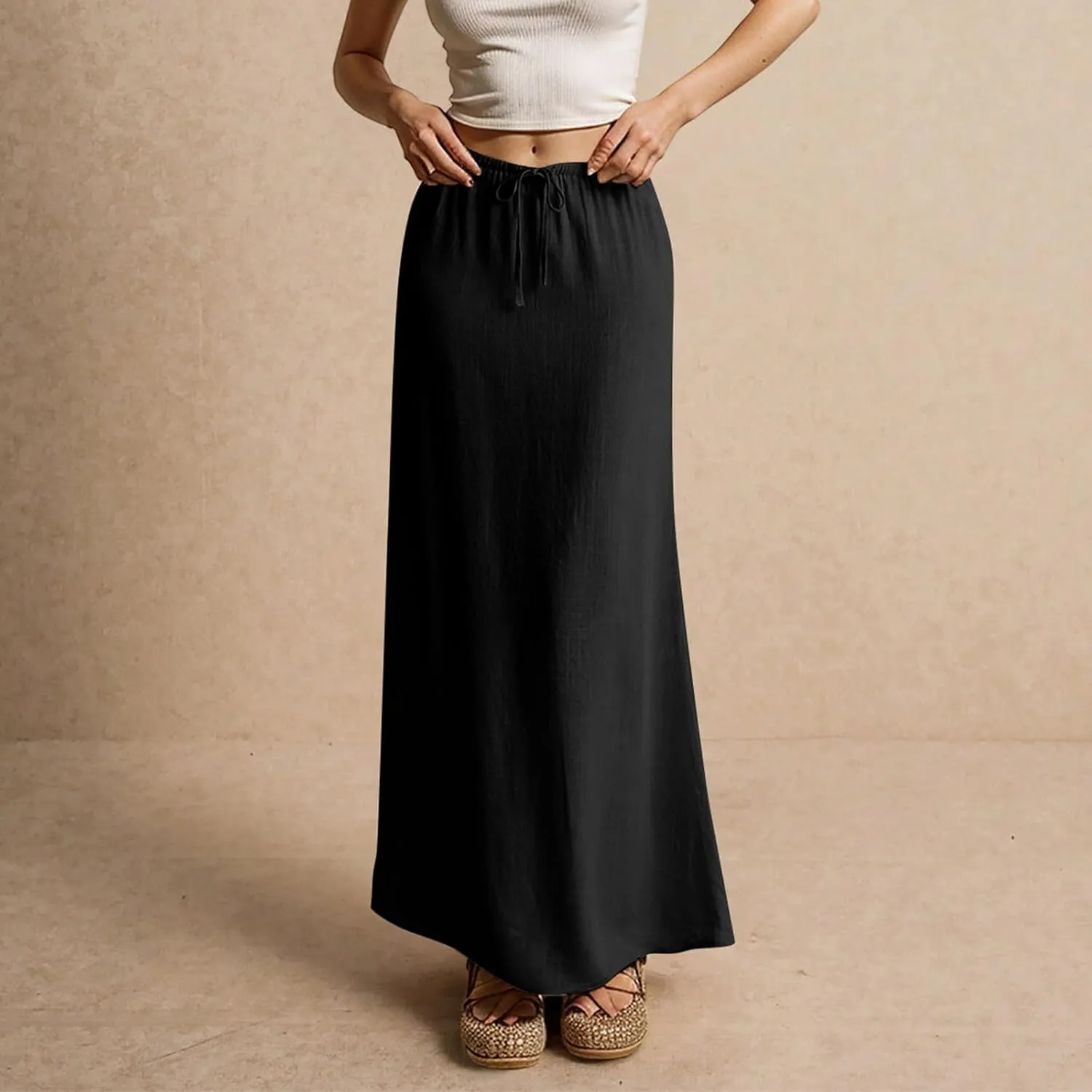 Womens Skirts Summer Linen Maxi Skirt with Slit Plus Size Long Flowy Skirts Beach Comfy Drawstring Low Rise