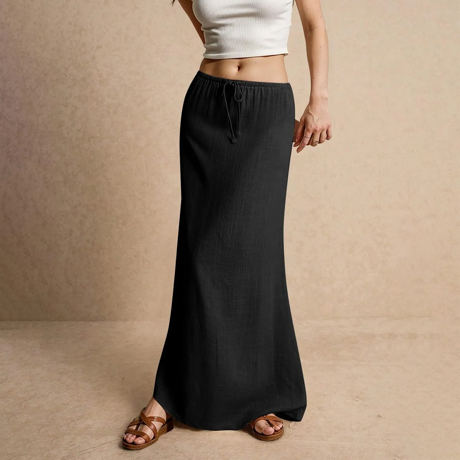 Womens Skirts Summer Linen Maxi Skirt with Slit Plus Size Long Flowy Skirts Beach Comfy Drawstring Low Rise