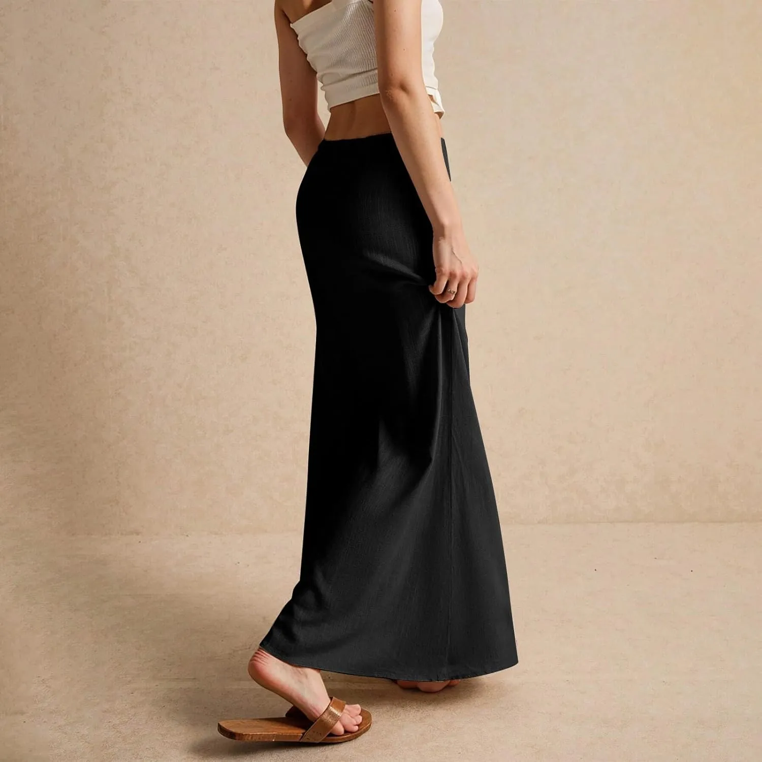 Womens Skirts Summer Linen Maxi Skirt with Slit Plus Size Long Flowy Skirts Beach Comfy Drawstring Low Rise