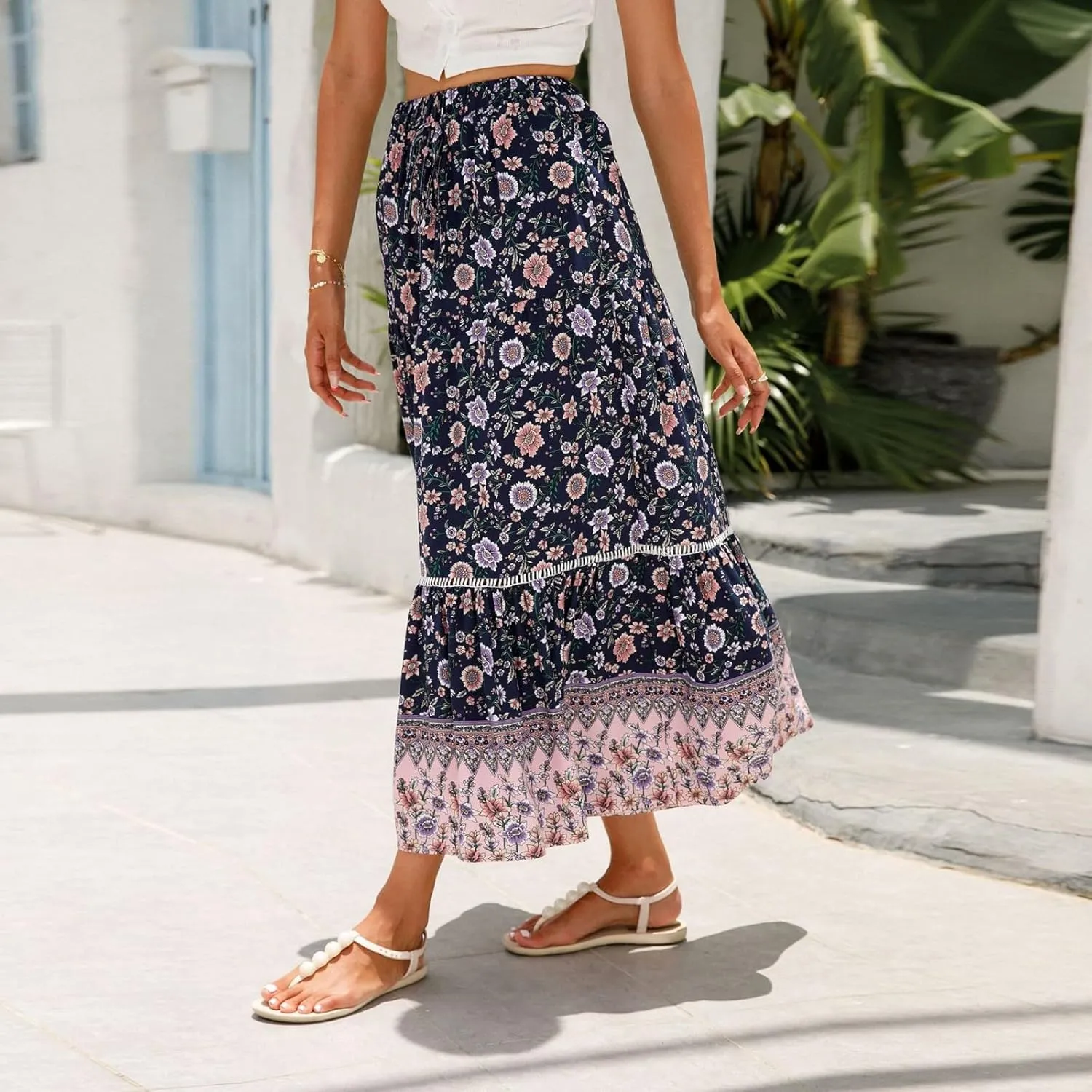 Women's Skirts,Wrap Tiered Hawaiian Flowy Maxi Skirts for Women 2025 Trendy Long Boho Skirt Spring Summer