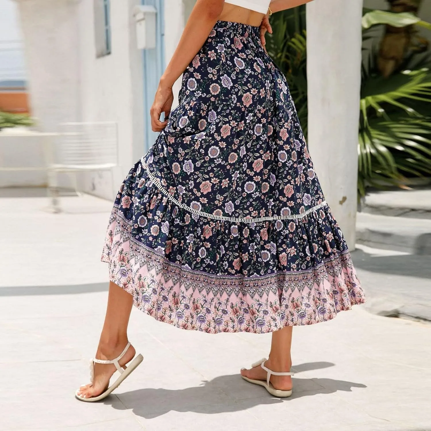 Women's Skirts,Wrap Tiered Hawaiian Flowy Maxi Skirts for Women 2025 Trendy Long Boho Skirt Spring Summer