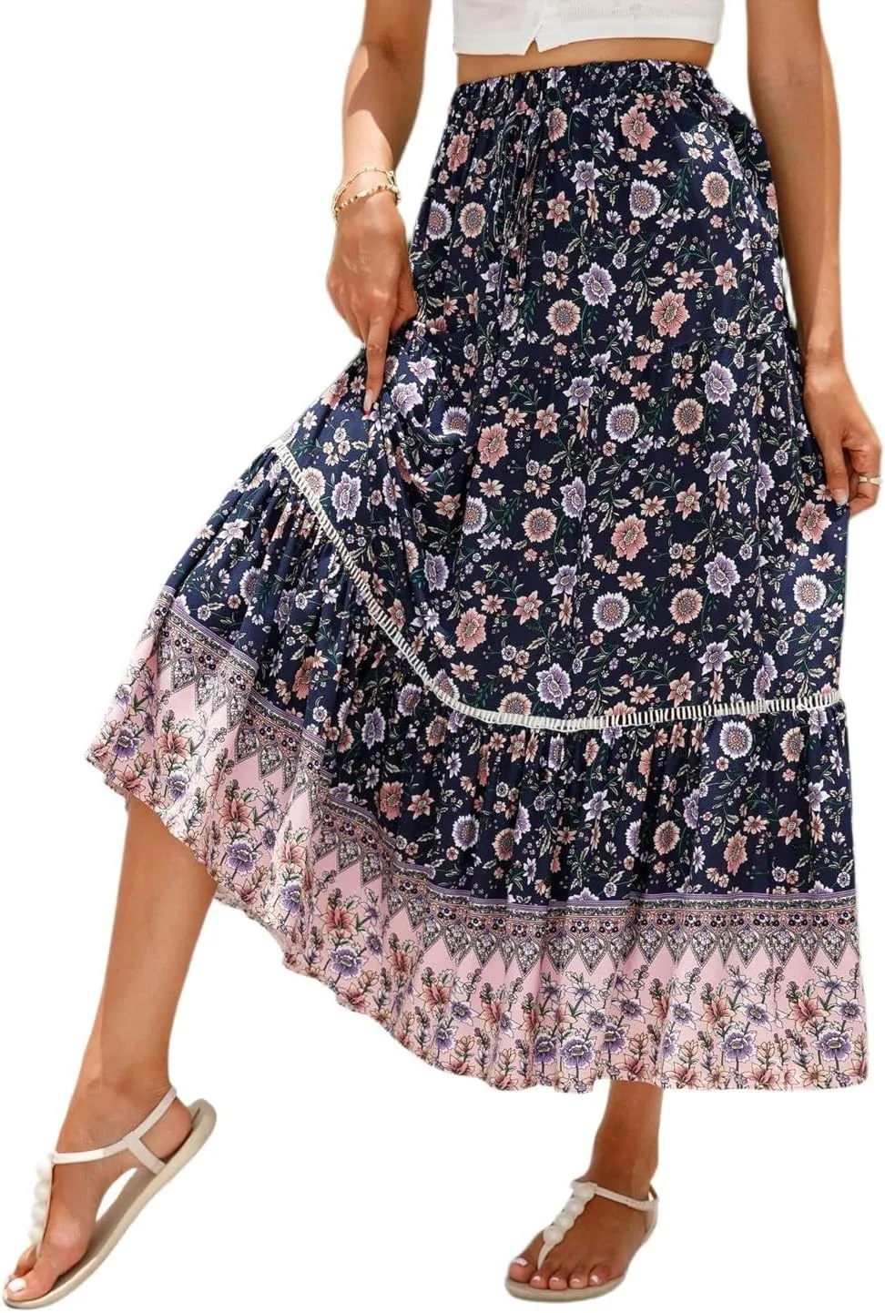 Women's Skirts,Wrap Tiered Hawaiian Flowy Maxi Skirts for Women 2025 Trendy Long Boho Skirt Spring Summer