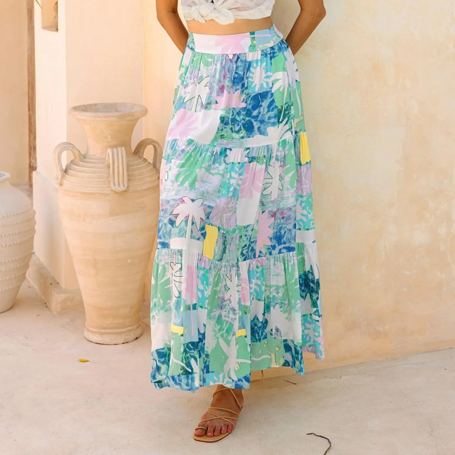 Women's Skirts,Wrap Tiered Hawaiian Flowy Maxi Skirts for Women 2025 Trendy Long Boho Skirt Spring Summer