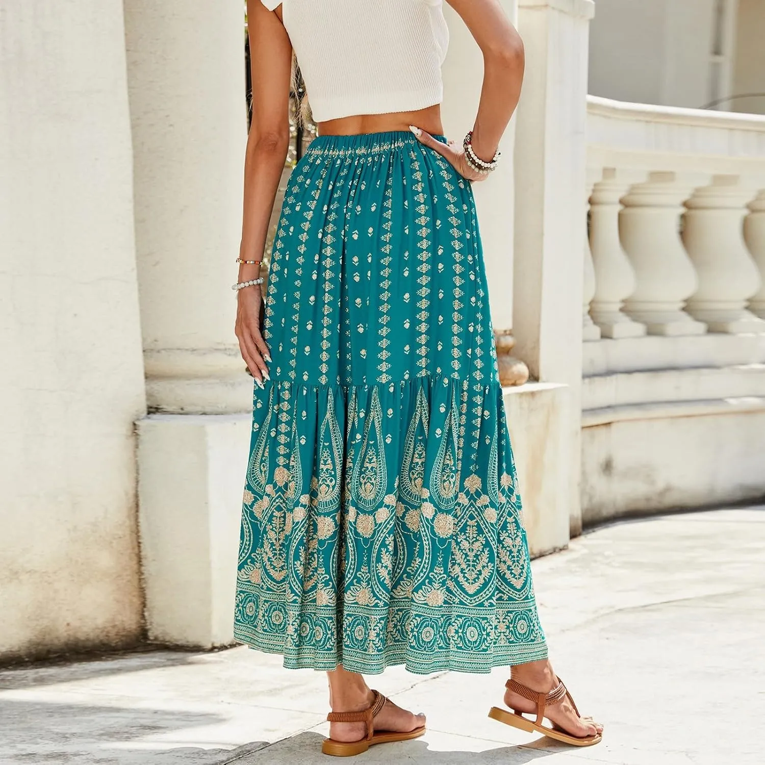 Women's Skirts,Wrap Tiered Hawaiian Flowy Maxi Skirts for Women 2025 Trendy Long Boho Skirt Spring Summer
