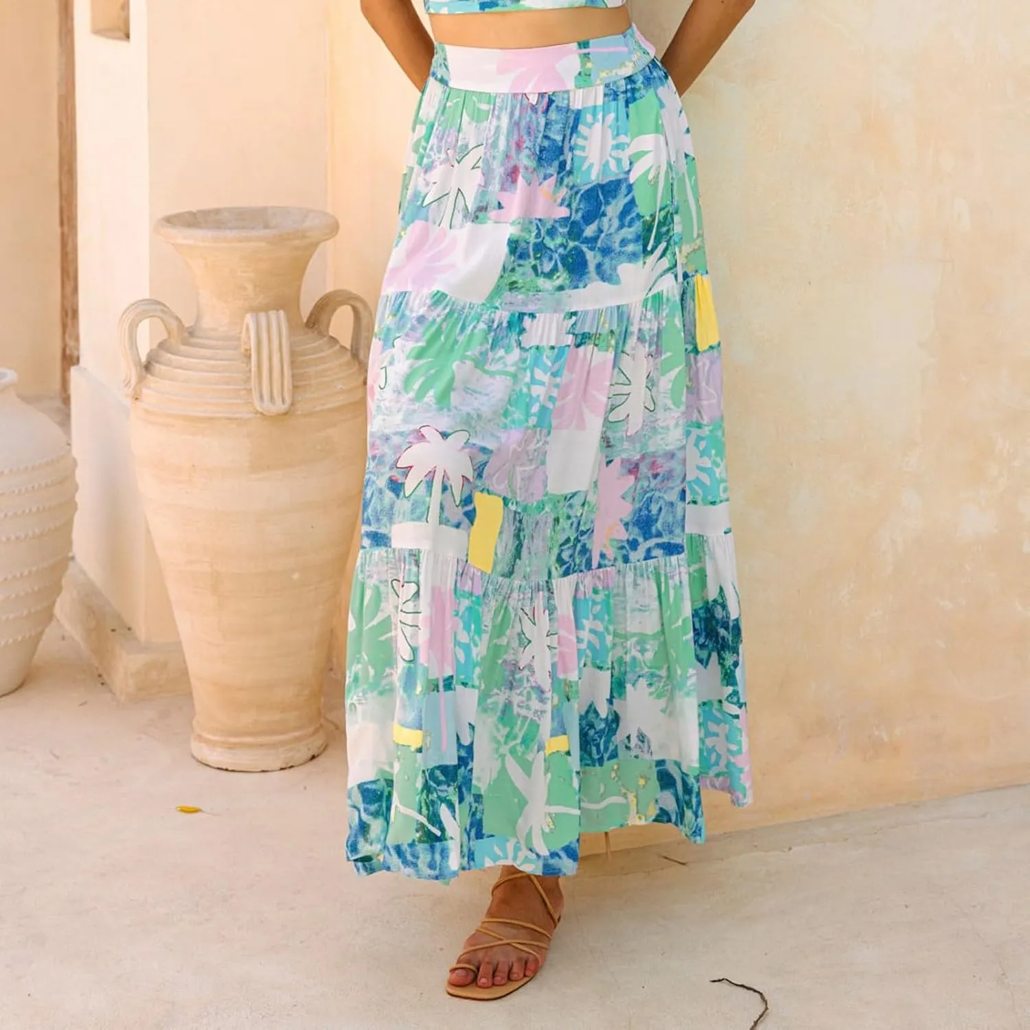 Women's Skirts,Wrap Tiered Hawaiian Flowy Maxi Skirts for Women 2025 Trendy Long Boho Skirt Spring Summer
