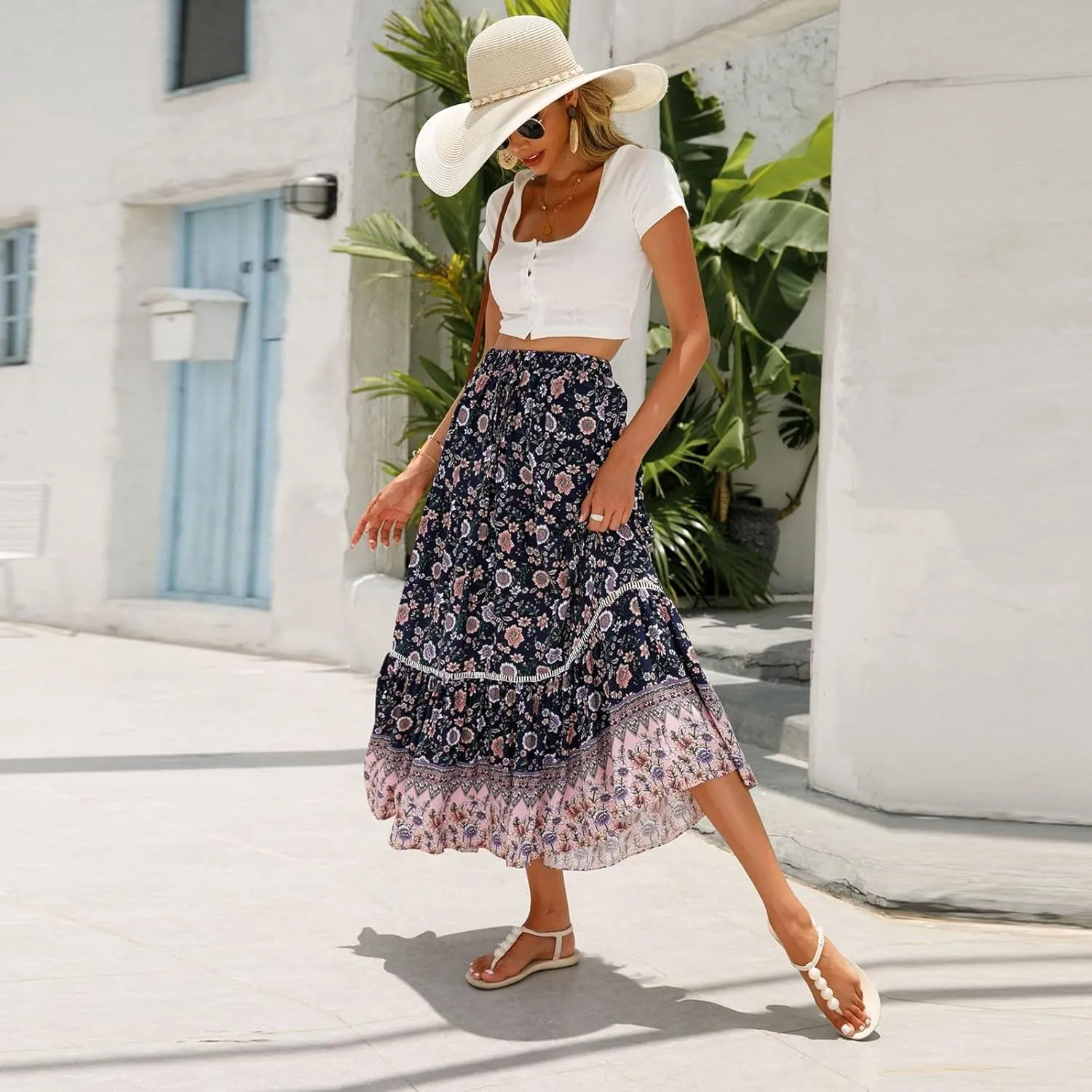Women's Skirts,Wrap Tiered Hawaiian Flowy Maxi Skirts for Women 2025 Trendy Long Boho Skirt Spring Summer