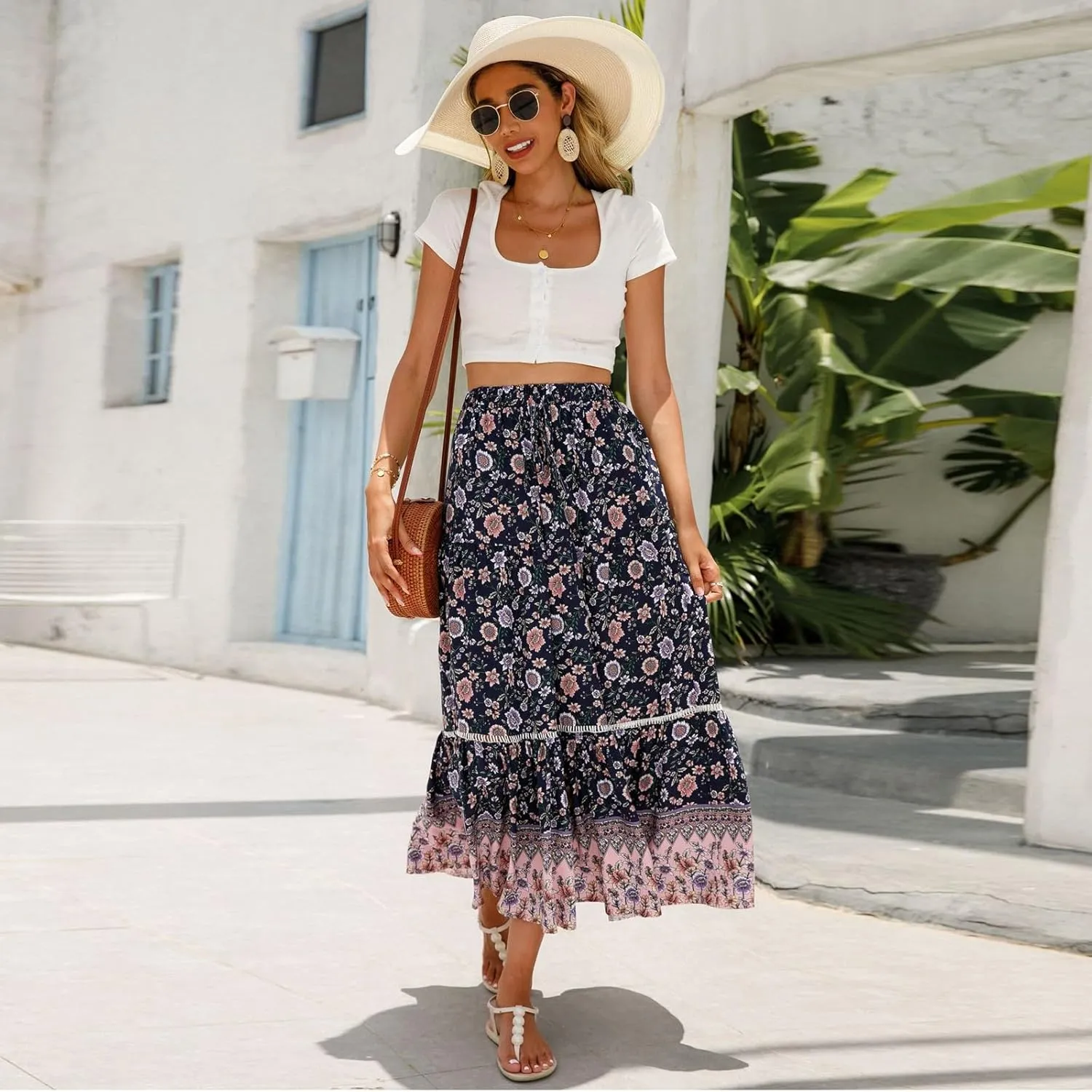 Women's Skirts,Wrap Tiered Hawaiian Flowy Maxi Skirts for Women 2025 Trendy Long Boho Skirt Spring Summer