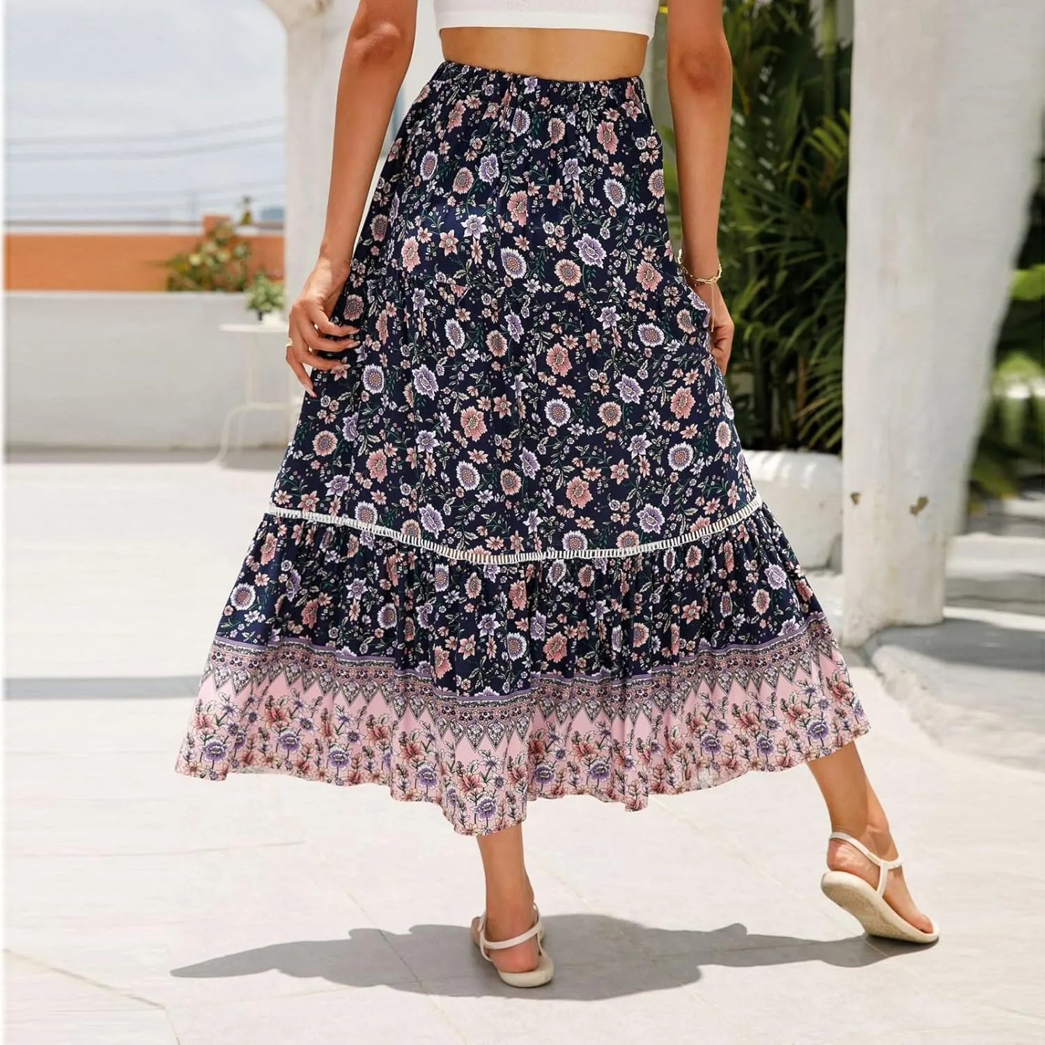 Women's Skirts,Wrap Tiered Hawaiian Flowy Maxi Skirts for Women 2025 Trendy Long Boho Skirt Spring Summer