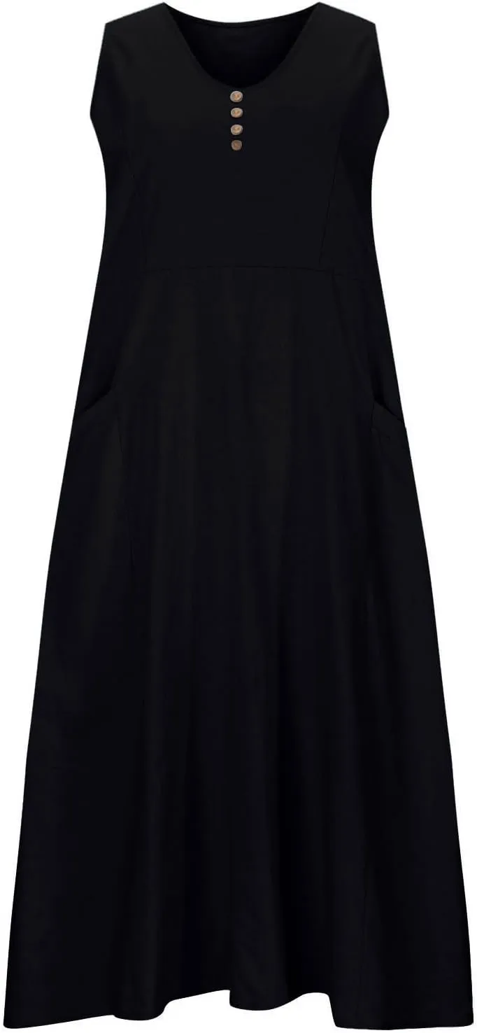 Women's Sleeveless Cotton Linen Dress Summer Beach Tank Dress Plus Size Printed Long Dress with Pockets