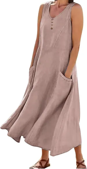 Women's Sleeveless Cotton Linen Dress Summer Beach Tank Dress Plus Size Printed Long Dress with Pockets