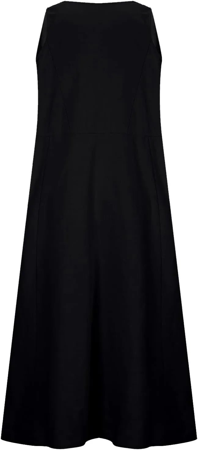 Women's Sleeveless Cotton Linen Dress Summer Beach Tank Dress Plus Size Printed Long Dress with Pockets