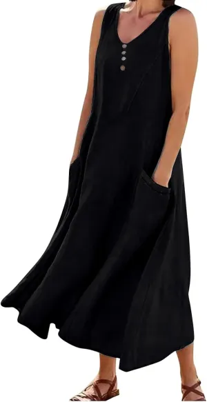Women's Sleeveless Cotton Linen Dress Summer Beach Tank Dress Plus Size Printed Long Dress with Pockets