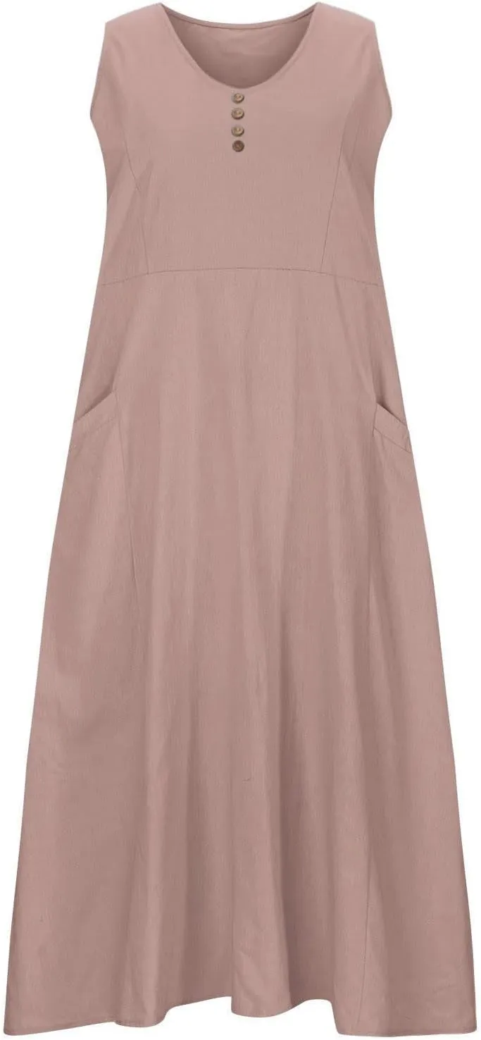 Women's Sleeveless Cotton Linen Dress Summer Beach Tank Dress Plus Size Printed Long Dress with Pockets
