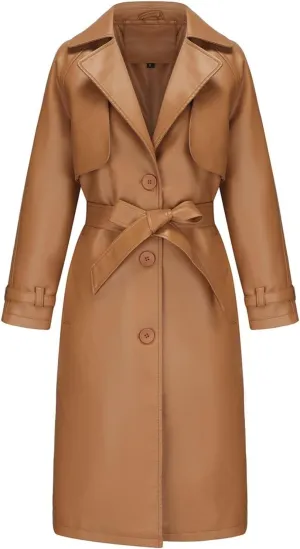 Womens Solid Color Trench Coat Long Buttons Belted Casual Jackets Long Sleeve Leather Motorcycle Cardigan Overcoats