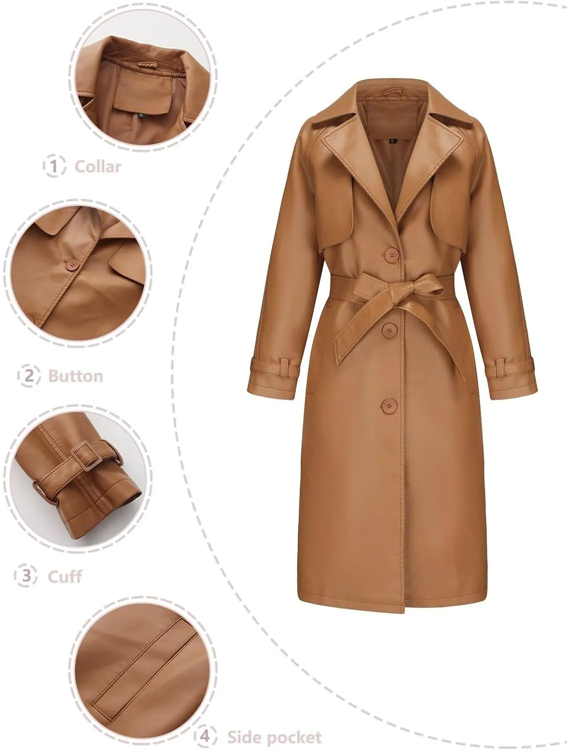 Womens Solid Color Trench Coat Long Buttons Belted Casual Jackets Long Sleeve Leather Motorcycle Cardigan Overcoats