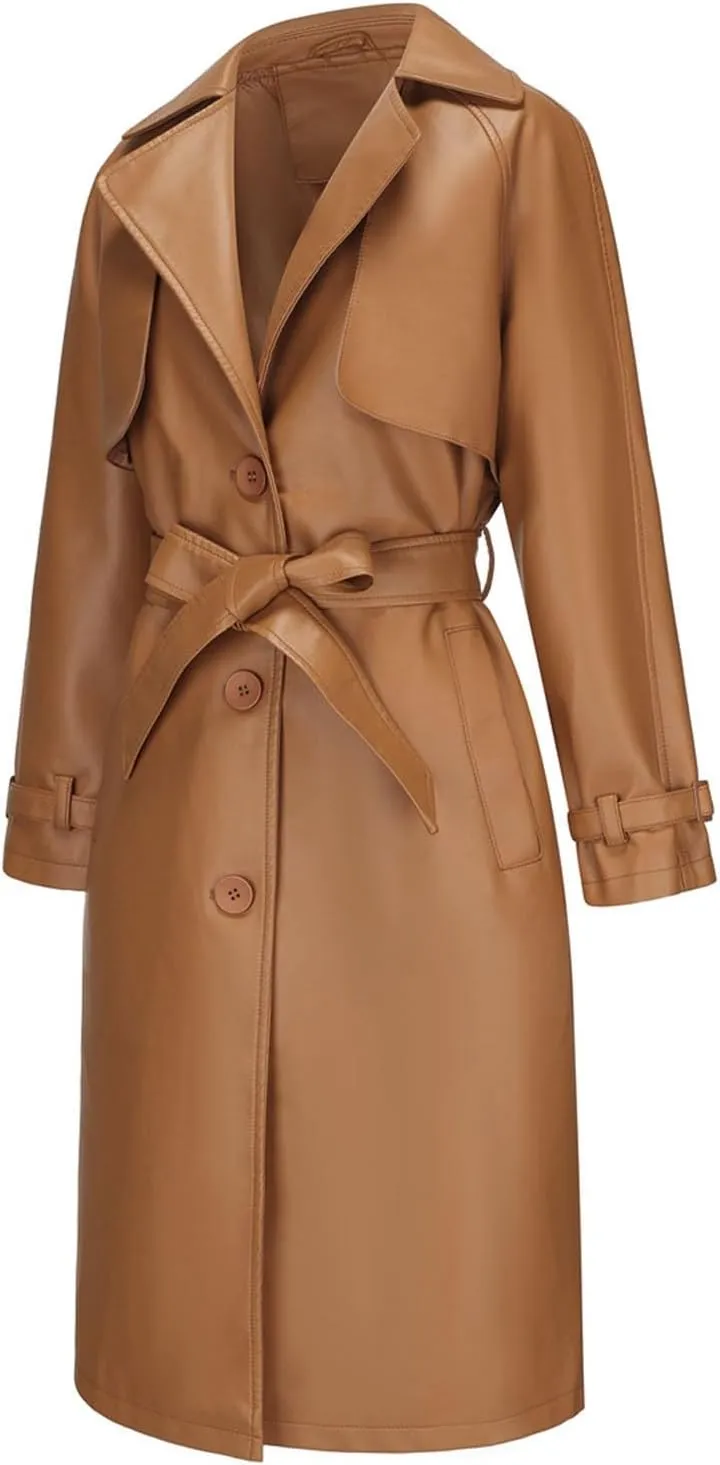 Womens Solid Color Trench Coat Long Buttons Belted Casual Jackets Long Sleeve Leather Motorcycle Cardigan Overcoats