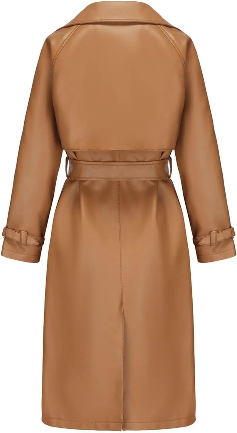 Womens Solid Color Trench Coat Long Buttons Belted Casual Jackets Long Sleeve Leather Motorcycle Cardigan Overcoats