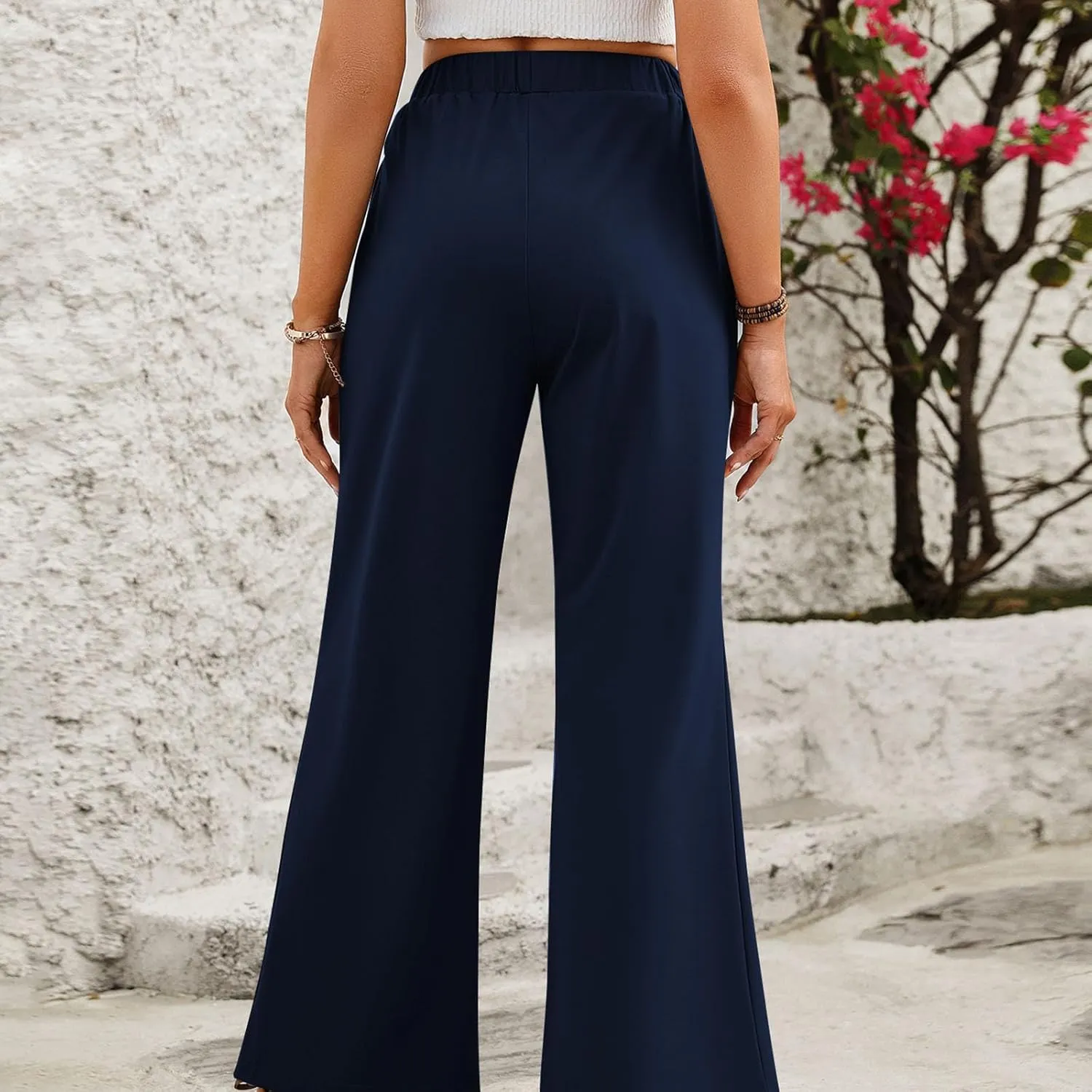 Womens Straight Wide Leg Pants Casual Elastic High Waisted Baggy Palazzo Pants Beach Vacation Trousers with Pockets