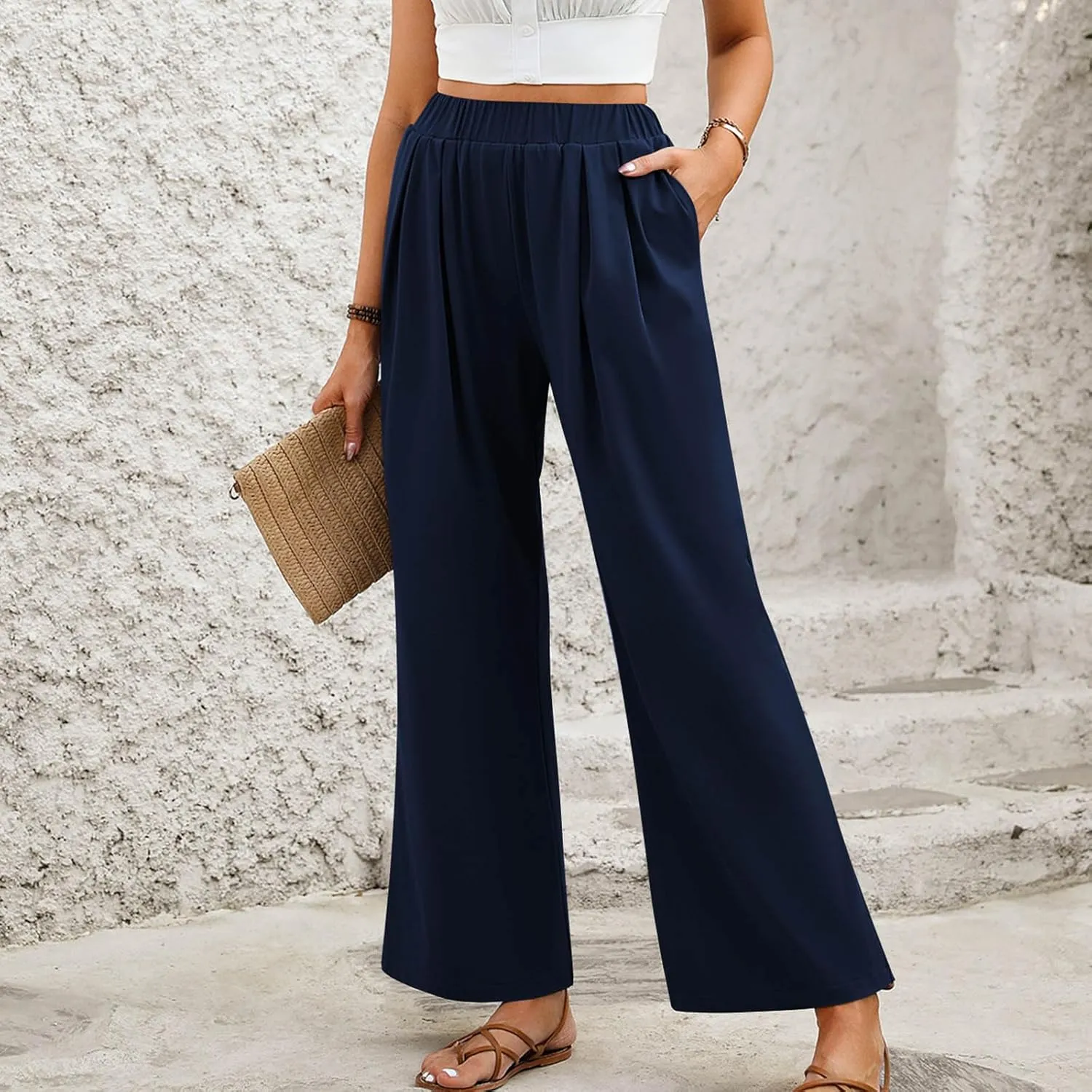 Womens Straight Wide Leg Pants Casual Elastic High Waisted Baggy Palazzo Pants Beach Vacation Trousers with Pockets
