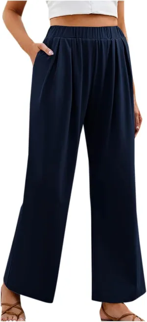 Womens Straight Wide Leg Pants Casual Elastic High Waisted Baggy Palazzo Pants Beach Vacation Trousers with Pockets