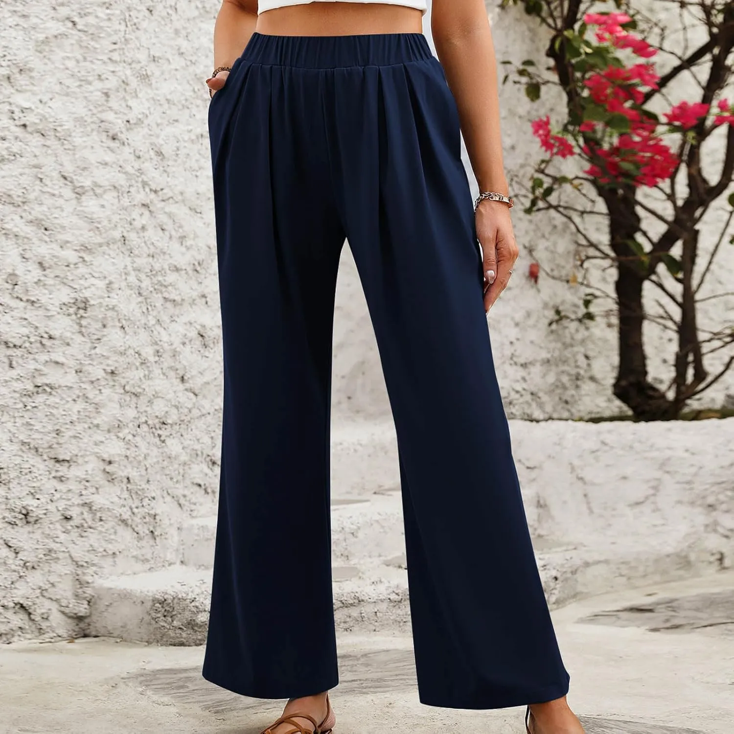 Womens Straight Wide Leg Pants Casual Elastic High Waisted Baggy Palazzo Pants Beach Vacation Trousers with Pockets