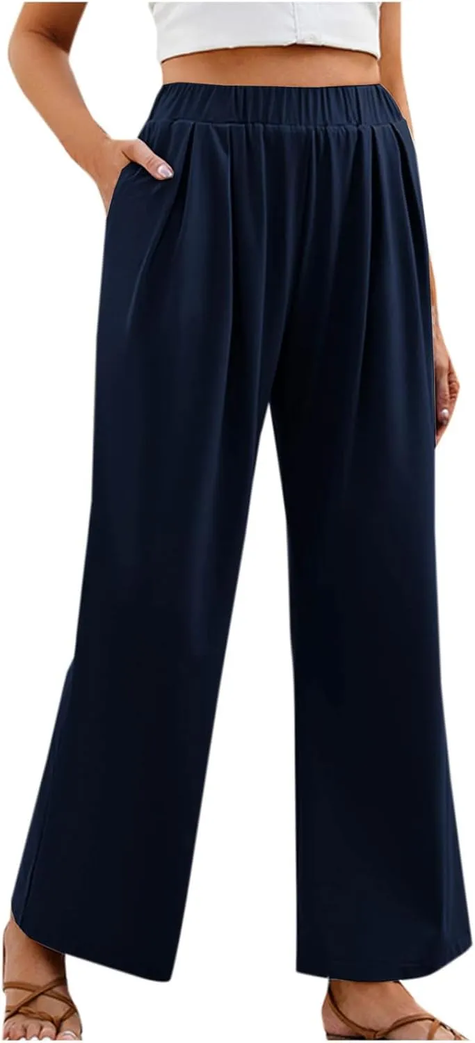 Womens Straight Wide Leg Pants Casual Elastic High Waisted Baggy Palazzo Pants Beach Vacation Trousers with Pockets
