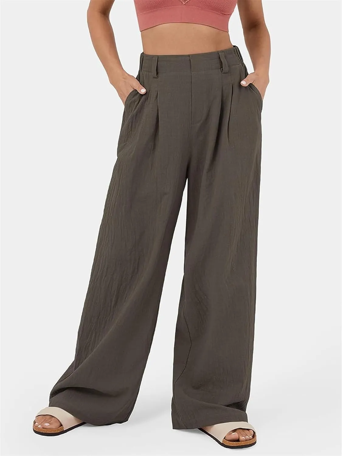 Womens Suit Pants Casual Elastic High Waisted Wide Leg Pants Baggy Stretch Comfy Straight Trousers with Pockets