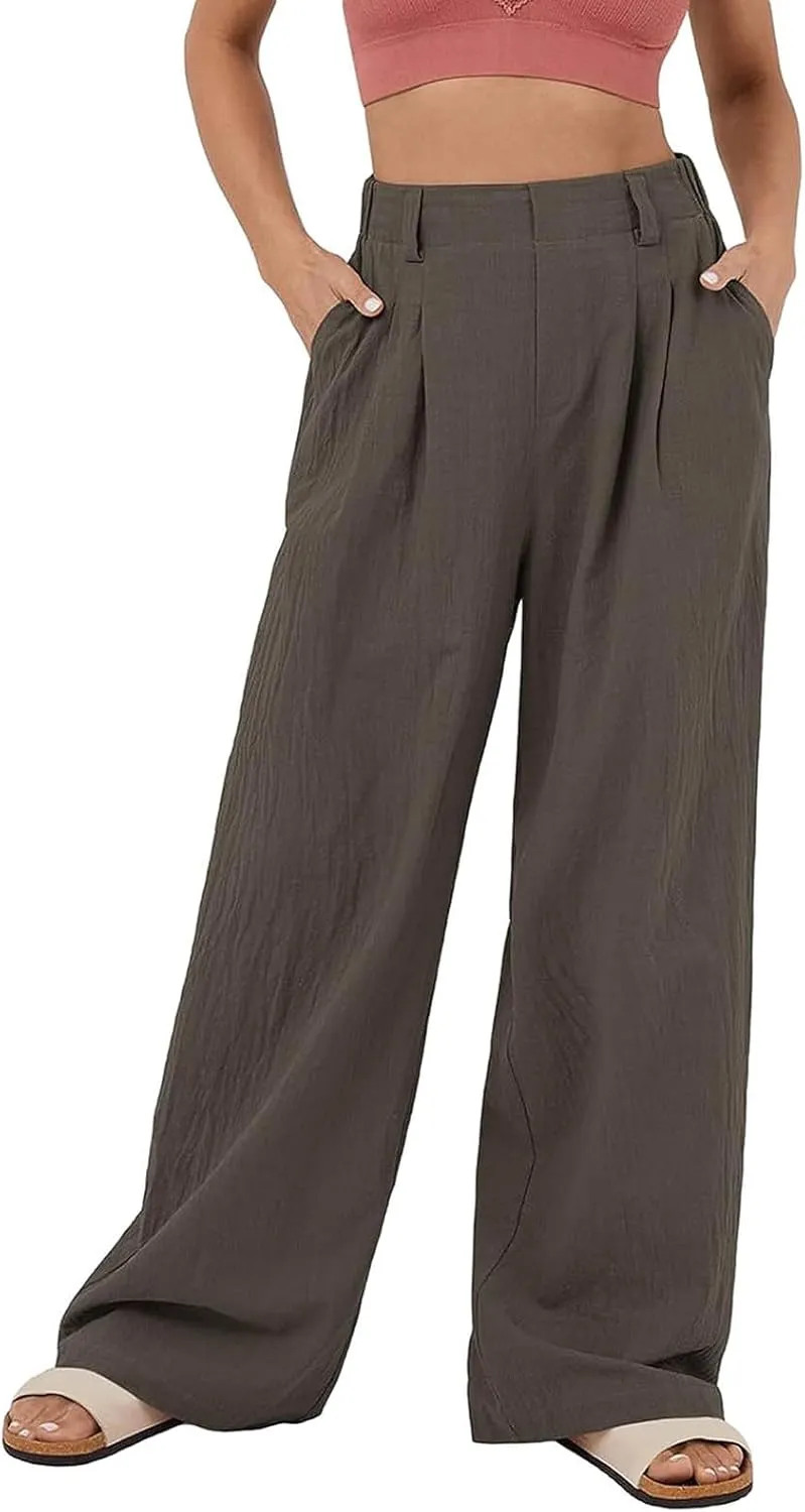 Womens Suit Pants Casual Elastic High Waisted Wide Leg Pants Baggy Stretch Comfy Straight Trousers with Pockets