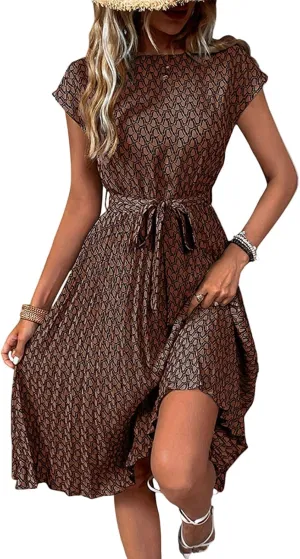 Women's Summer Dresses Short Sleeve Round Neck Midi Dress Vintage Floral Printed Cocktail Party Dresses with Belt