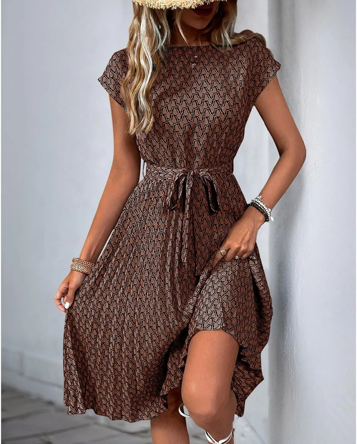 Women's Summer Dresses Short Sleeve Round Neck Midi Dress Vintage Floral Printed Cocktail Party Dresses with Belt