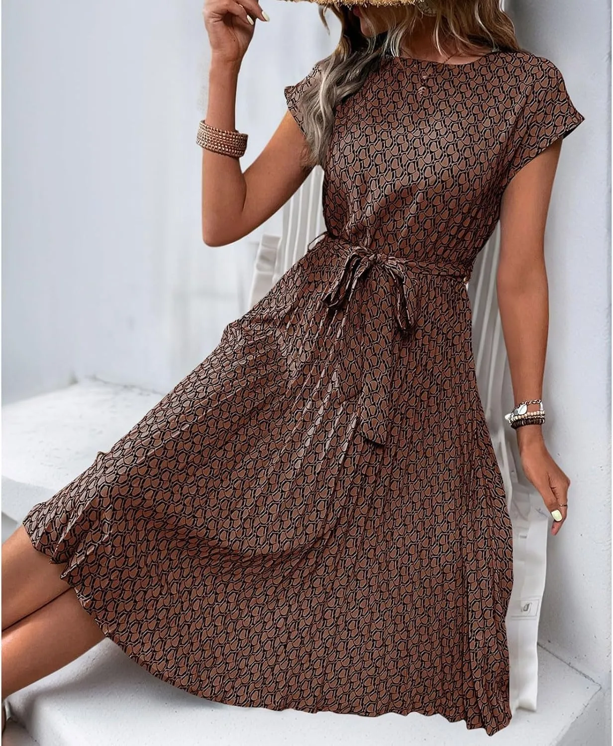 Women's Summer Dresses Short Sleeve Round Neck Midi Dress Vintage Floral Printed Cocktail Party Dresses with Belt