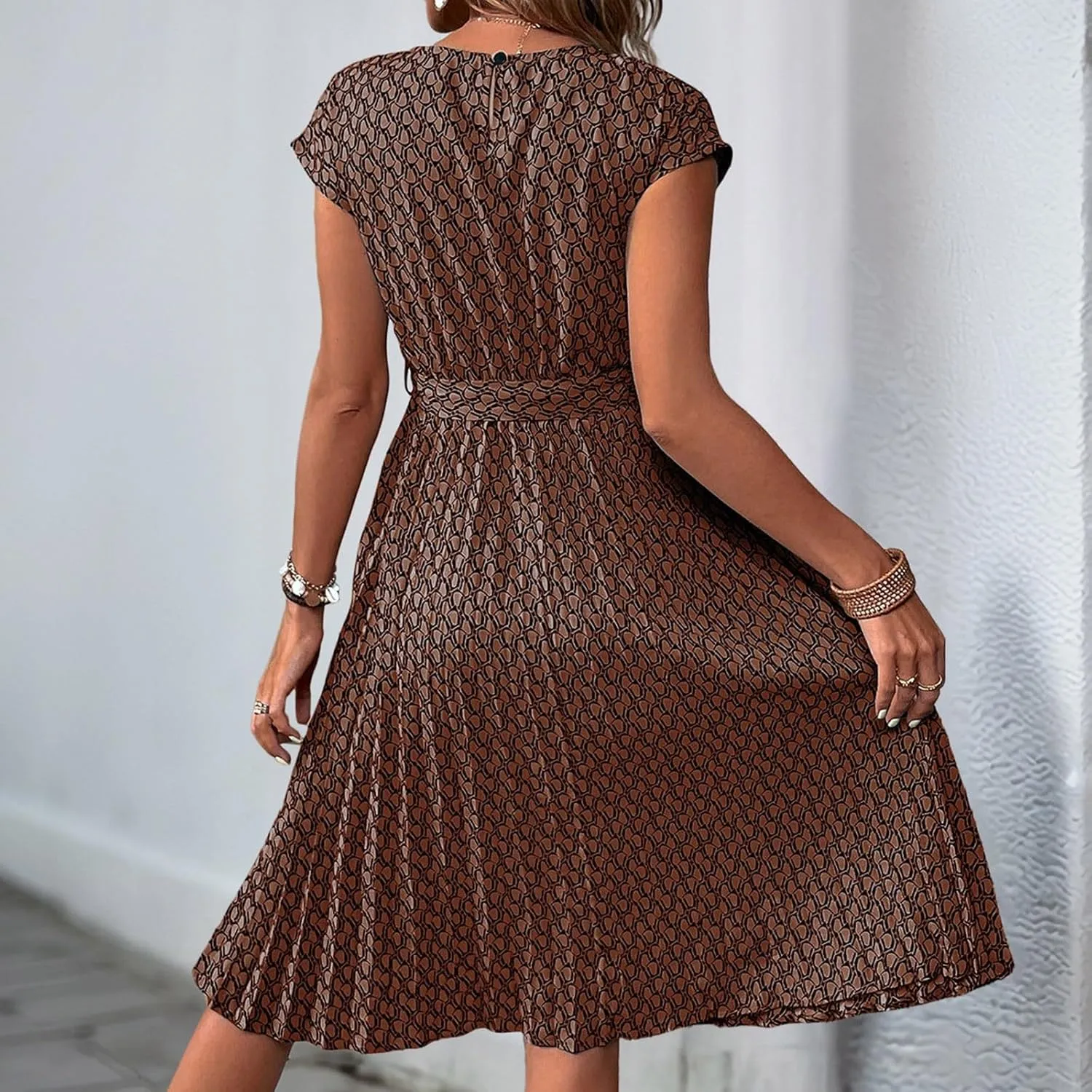 Women's Summer Dresses Short Sleeve Round Neck Midi Dress Vintage Floral Printed Cocktail Party Dresses with Belt