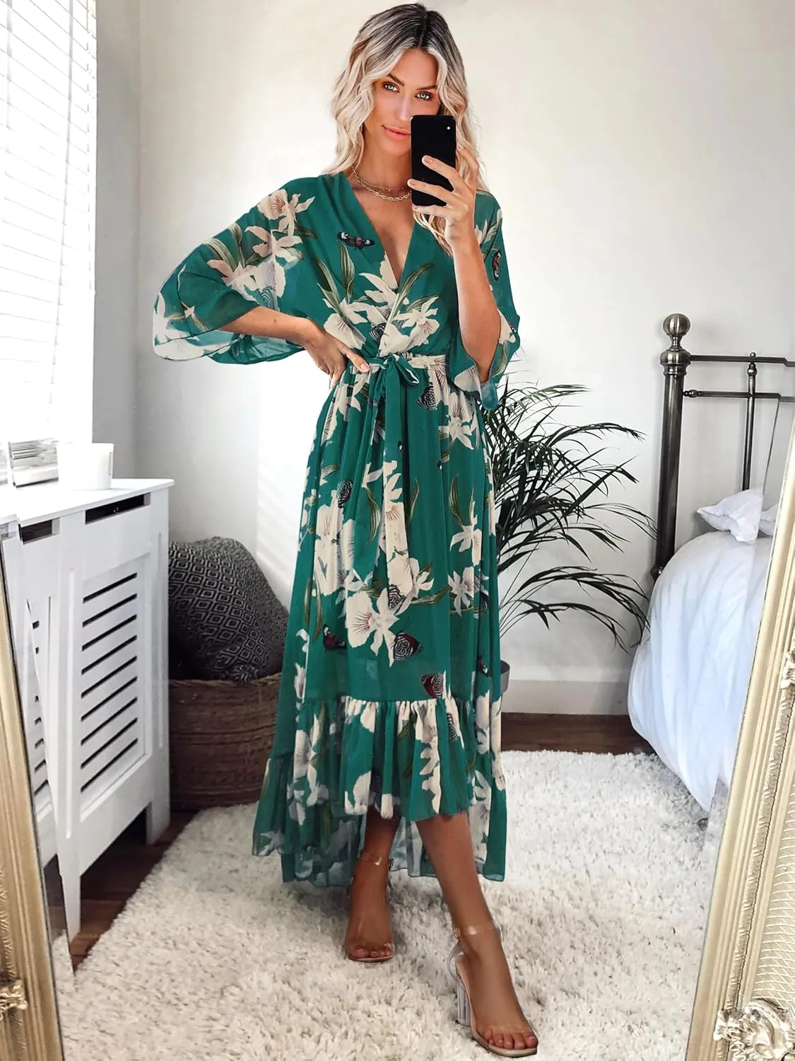 Women's Summer Floral Boho Dress 3/4 Sleeve Wrap V Neck Flowy Casual Loose Wedding Guest Long Maxi Ruffle Dresses